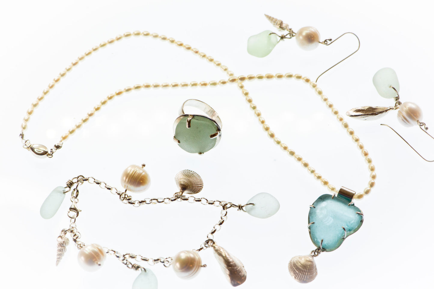 Sea Glass Jewellery Set – Sterling Silver, Pearls & Princess Beach Sea Glass