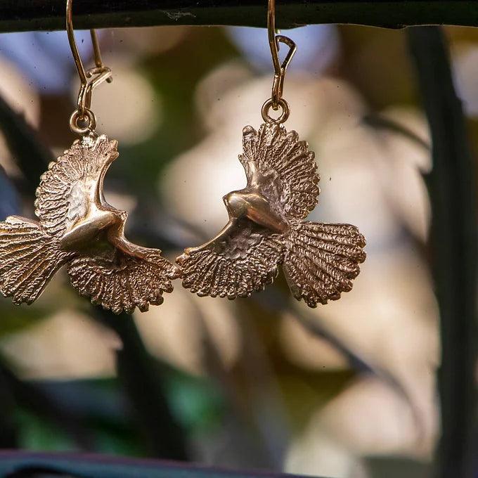 Piwakawaka Fantail earrings Gold Plated - Gilded Kea Jewellery 